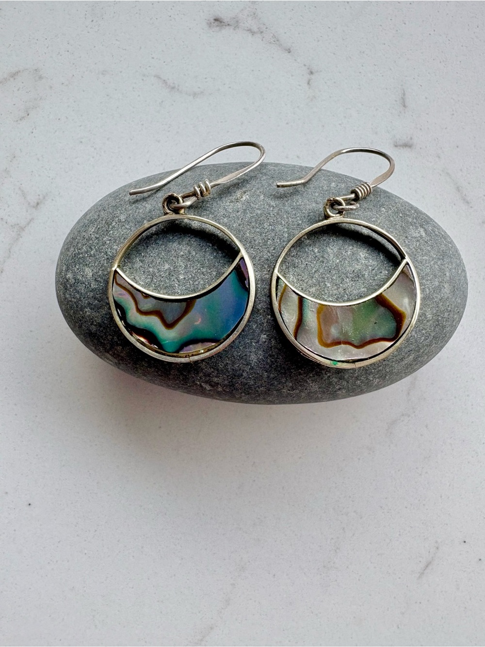 Alpaca Iridescent Abalone Round Drop Earrings in Green & Blue